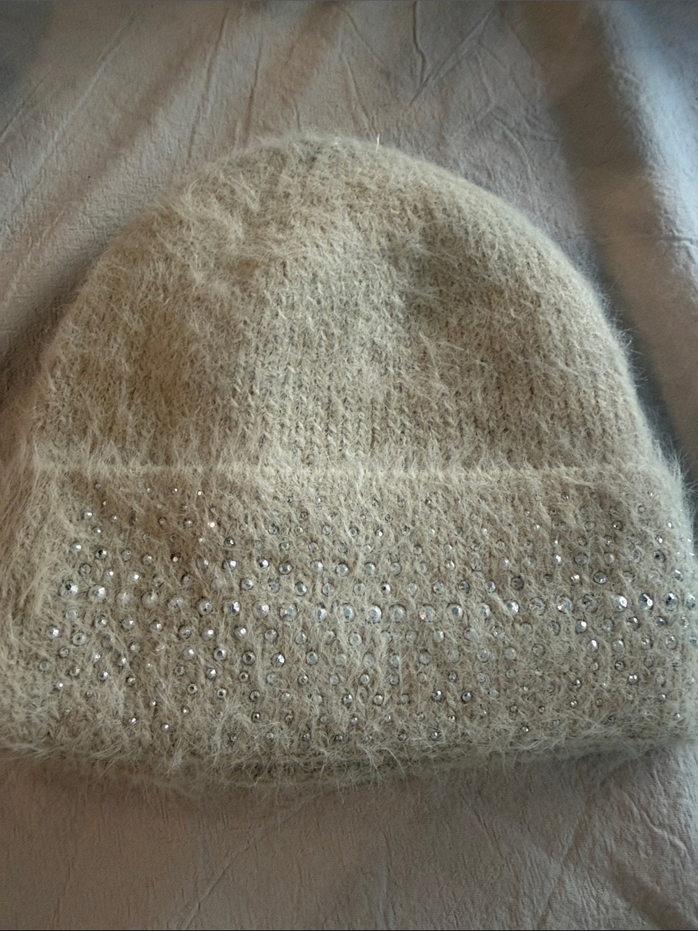 Beige Faux-Fur Knit Beanie with Rhinestone Trim new without tag